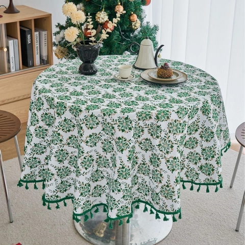 Round Christmas Tablecloth Cotton Linen Blend Gold Stamped Pine Leaf Pattern With Tassels For Xmas Party Dining Home Decor