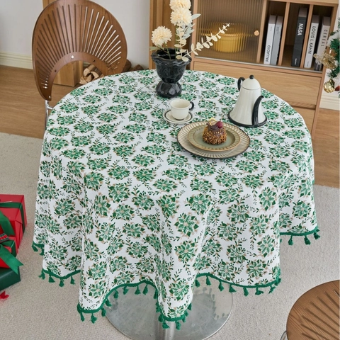 Round Christmas Tablecloth Cotton Linen Blend Gold Stamped Pine Leaf Pattern With Tassels For Xmas Party Dining Home Decor