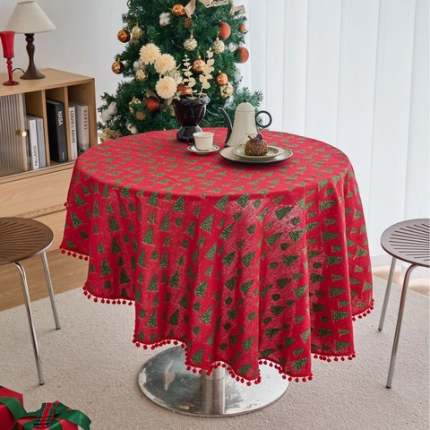 Christmas Round Tablecloth Bronzed Pine Needle Print Cotton Linen Blend Table Cloth With Tassels Pom Poms Festive Home Dining Decor