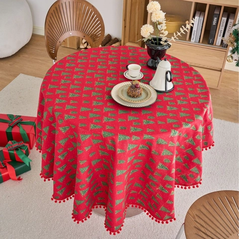 Christmas Round Tablecloth Bronzed Pine Needle Print Cotton Linen Blend Table Cloth With Tassels Pom Poms Festive Home Dining Decor