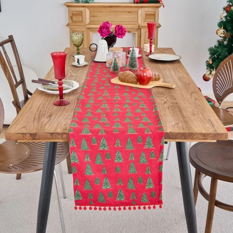 Weihnachten Tischläufer Goldprägung Weihnachtsbaum Stechpalme Beeren Bedruckter Tischläufer Mit Quasten Bommeln Festliche Deko