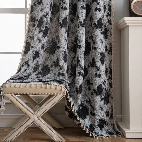 American Vintage Jacquard Geometric Graffiti Tassel Curtains For Kitchen Bay Window Semi Shading Polyester Cotton Black White Finished Drape Home Decor