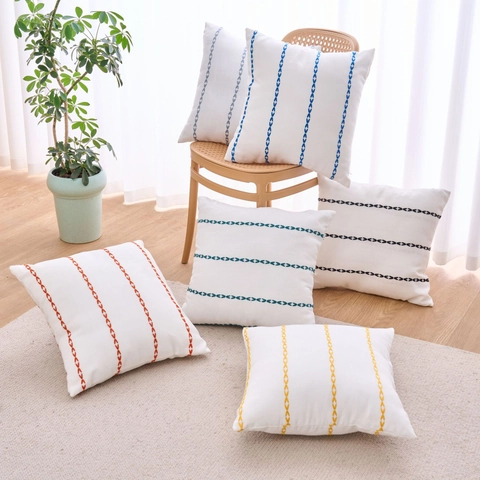 Housse de Coussin Brodée Géométrique Minimaliste Moderne en Toile Blanche Coton Lin Housse de Coussin Décorative Pour Canapé Salon Décoration