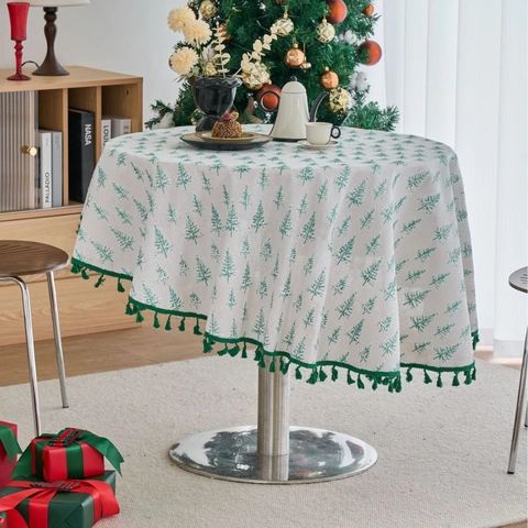 Weihnachten Runde Tischdecke Baumwolle Leinen Goldprägung Quaste Tischdecke Weihnachtsbaum Stechpalmenblatt Festliche Esstisch Dekoration