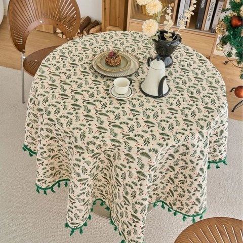 Round Christmas Tablecloth Pine Branch Red Berry Print With Tassel Cotton Linen Festive Bronzing Table Cover For Party