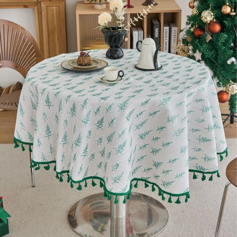 Weihnachten Runde Tischdecke Baumwolle Leinen Goldprägung Quaste Tischdecke Weihnachtsbaum Stechpalmenblatt Festliche Esstisch Dekoration