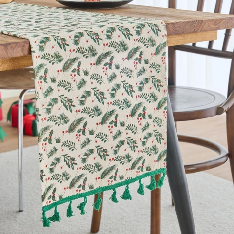 Christmas Table Runner Polyester Cotton Pine Needle Red Berry Print With Gold Stamping Green Tassels For Home Party Decor