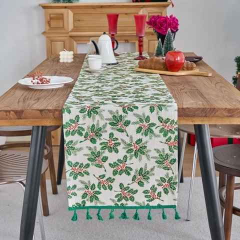Runner da Tavolo Natalizio Stampa Oro Agrifoglio Bacche Frangia Tavolo da Pranzo Decorazione Casa Vacanze Tessuto Misto Cotone