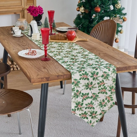Bronzing Christmas Table Runner Cotton Linen Fabric Holly Leaves Berry Pattern Tablecloth For Dining Table Kitchen Party Home Decor