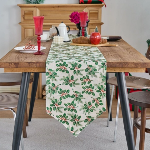 Bronzing Christmas Table Runner Cotton Linen Fabric Holly Leaves Berry Pattern Tablecloth For Dining Table Kitchen Party Home Decor