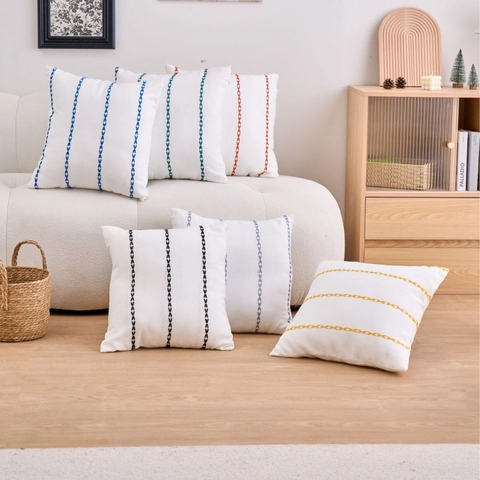 Housse de Coussin Brodée Géométrique Minimaliste Moderne en Toile Blanche Coton Lin Housse de Coussin Décorative Pour Canapé Salon Décoration