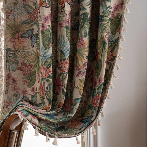 Cortina Jacquard Retro Americano Estampado Flores Mariposas Semi-Opaca Con Borlas para Sala de Estar Dormitorio Decoración