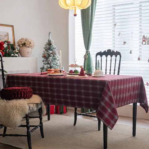 Christmas Red Plaid Tablecloth Thickened Woolen Feeling Checkered Dining Table Cloth For Holiday Party Home Kitchen Decor