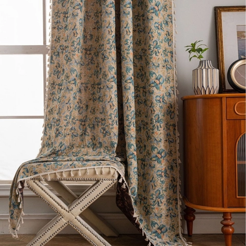 American Vintage Jacquard Floral Bird Curtains With Tassels Semi Blackout Polyester Cotton Blend Window Drape For Living Room