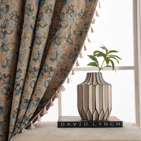 American Vintage Jacquard Floral Bird Curtains With Tassels Semi Blackout Polyester Cotton Blend Window Drape For Living Room