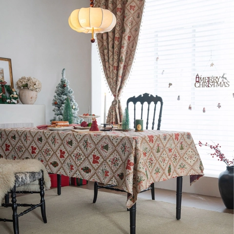 Weihnachten Jacquard Tischdecke Rechteckig Metallisches Gold Seide Feiertagsmuster Rot Grün Schleife Lebkuchen Tischdecke Für Bankett