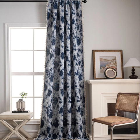 American Retro Floral Jacquard Curtain Tassels Polyester Cotton Semi Shading Window Treatment For Living Room Home Decor