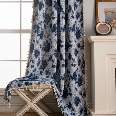 American Retro Floral Jacquard Curtain Tassels Polyester Cotton Semi Shading Window Treatment For Living Room Home Decor