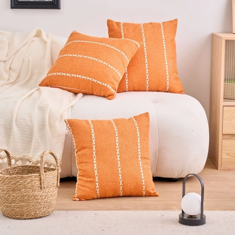 Boho Orange Streifen Bestickter Kissenbezug Baumwollmischung Minimalistisch Quadratisch Dekorative Kissenhülle Für Sofa Wohnzimmer