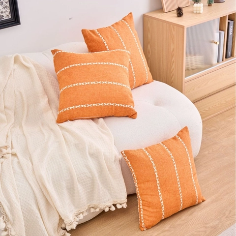 Boho Orange Streifen Bestickter Kissenbezug Baumwollmischung Minimalistisch Quadratisch Dekorative Kissenhülle Für Sofa Wohnzimmer