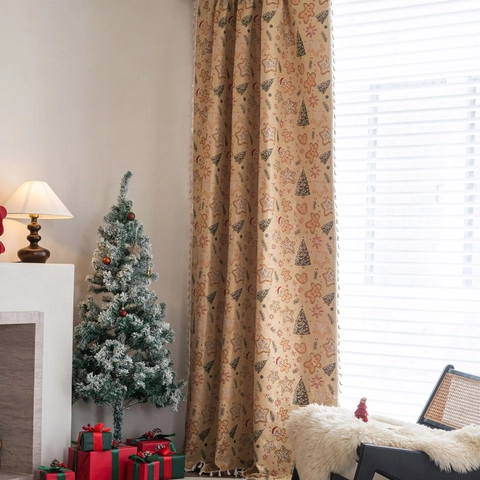 Christmas Gingerbread Man Jacquard Curtain Polyester Cotton Semi Shading Beige American Retro Xmas Tree Snowflake Window Drape For Living Room Decor