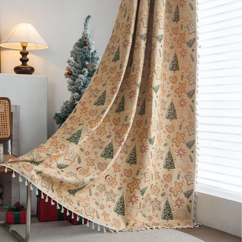 Christmas Gingerbread Man Jacquard Curtain Polyester Cotton Semi Shading Beige American Retro Xmas Tree Snowflake Window Drape For Living Room Decor