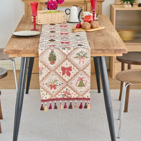 Runner da Tavolo Jacquard Natalizio Retrò Con Nappe Fiocco Albero di Natale Omino Pan di Zenzero Decorazione Tavola Vintage