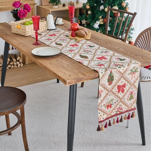 Runner da Tavolo Jacquard Natalizio Retrò Con Nappe Fiocco Albero di Natale Omino Pan di Zenzero Decorazione Tavola Vintage