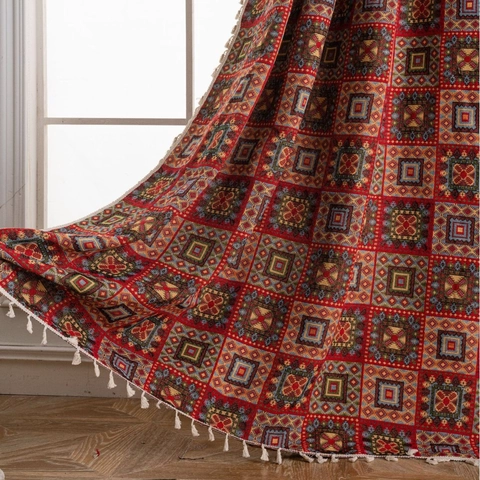Vintage American Jacquard Polyester Blend Curtain Geometric Pattern Tassel Trim Semi Shading Window Treatment For Living Room Bedroom