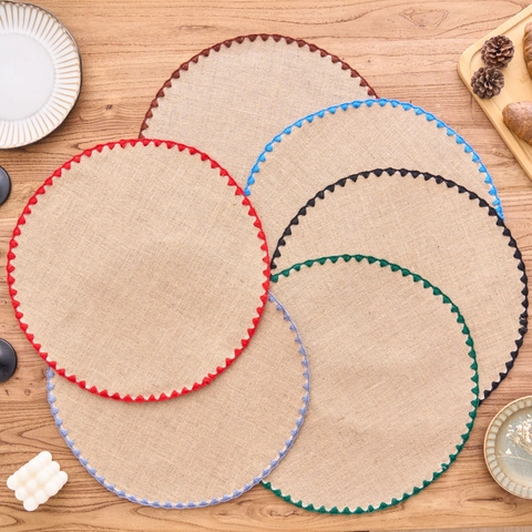 French Pastoral Style Round Woven Placemats Cotton Blend Heat Resistant Dining Table Mats With Scalloped Embroidery Border Decor
