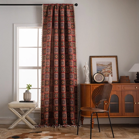 Vintage American Jacquard Polyester Blend Curtain Geometric Pattern Tassel Trim Semi Shading Window Treatment For Living Room Bedroom