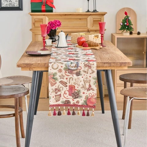 Retro Weihnachten Jacquard Tischläufer Mit Quasten Baumwollmischung Festliche Tischdecke Für Esszimmer Feiertag Deko