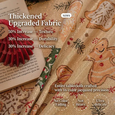 Christmas Jacquard Tablecloth Gold Thread Gingerbread Man Christmas Tree Pattern Rectangular Table Cover For Festive Dining Home Decor