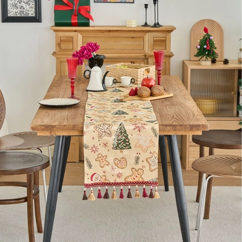 Weihnachten Lebkuchenmann Jacquard Tischläufer Mit Goldseide Quasten Retro Festlich Polyester Baumwolle Esstisch Deko