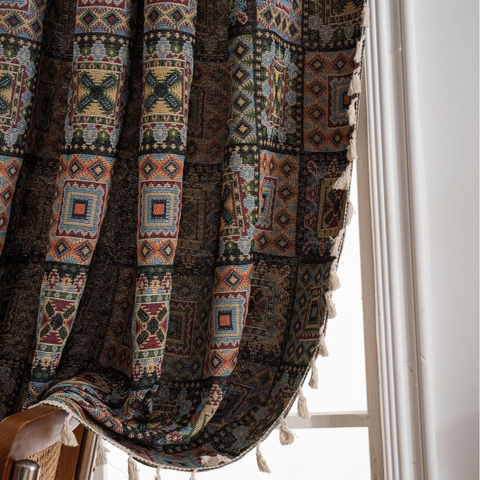 American Vintage Geometric Jacquard Curtain With Tassels Semi Shading Polyester Cotton Fabric For Kitchen Balcony Window Treatment