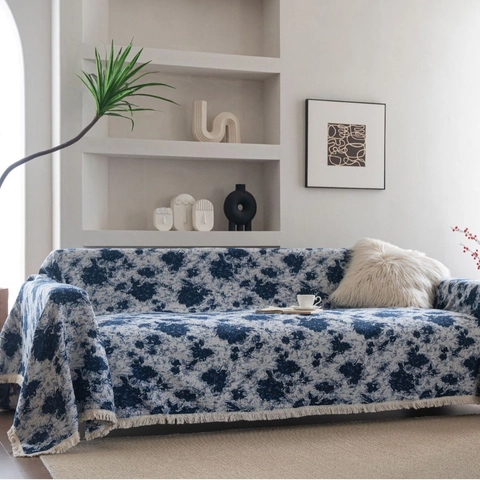 Copridivano Jacquard Vintage Blu Bianco Graffiti Floreale Coperta Con Nappine Ispessito Poliestere Cotone Protezione Mobili