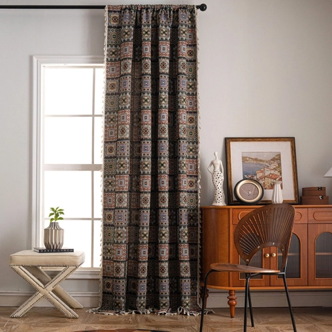 American Vintage Geometric Jacquard Curtain With Tassels Semi Shading Polyester Cotton Fabric For Kitchen Balcony Window Treatment