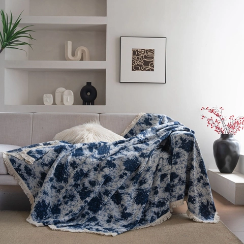 Copridivano Jacquard Vintage Blu Bianco Graffiti Floreale Coperta Con Nappine Ispessito Poliestere Cotone Protezione Mobili