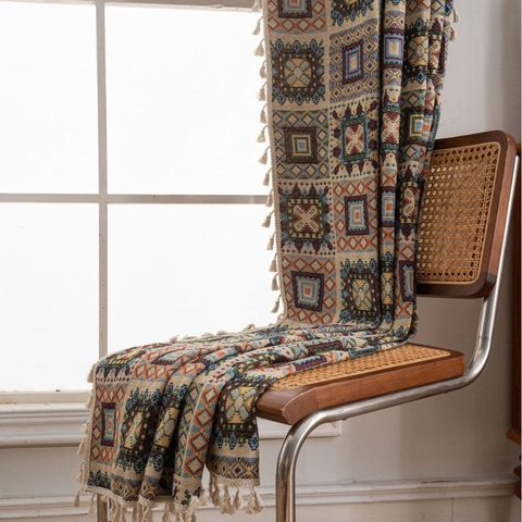 American Retro Bohemian Geometric Square Jacquard Curtain With Tassels Half Shading Window Curtain For Living Room Kitchen Home Decor