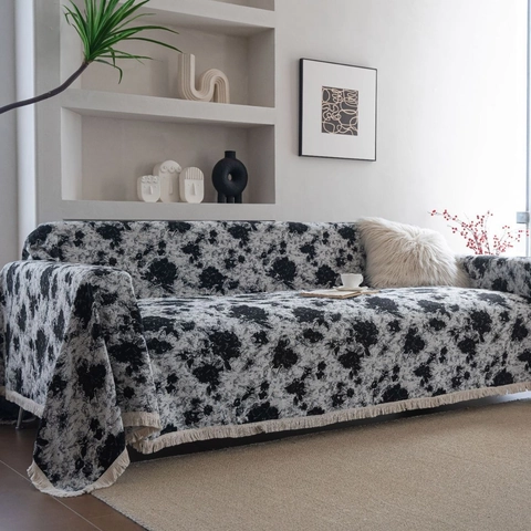 Copridivano Spesso in Misto Cotone Jacquard Con Nappine Bianco Nero Motivo Floreale Doodle Coperta Per Divano Decor