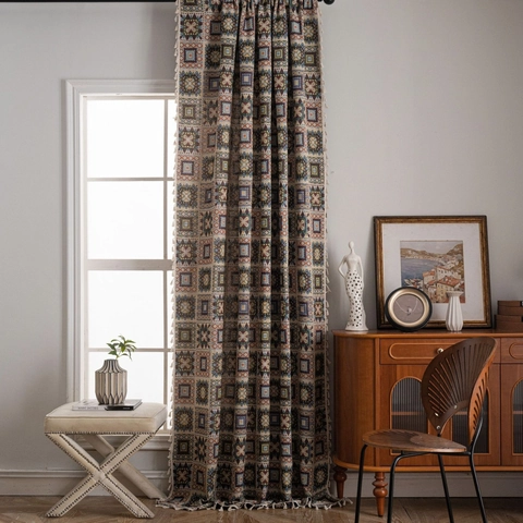 American Retro Bohemian Geometric Square Jacquard Curtain With Tassels Half Shading Window Curtain For Living Room Kitchen Home Decor