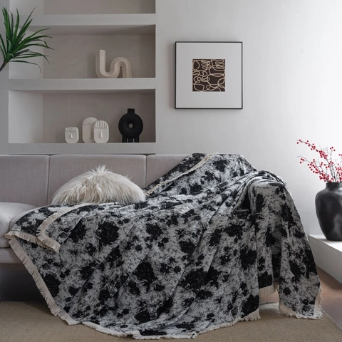 Copridivano Spesso in Misto Cotone Jacquard Con Nappine Bianco Nero Motivo Floreale Doodle Coperta Per Divano Decor