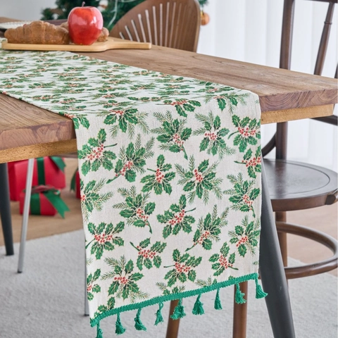 Christmas Table Runner Gold Stamping Holly Berry Patterns Tassel Trim Dining Table Holiday Home Decor Cotton Blend Fabric