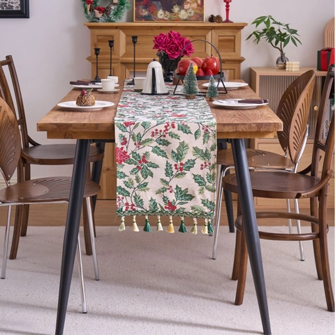 Weihnachten Tischläufer Stechpalmenblätter Beeren Jacquard Stoff Mit Quasten Festliche Feiertag Esszimmer Tisch Dekoration Party Haus Deko
