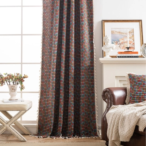 Bohemian Geometric Jacquard Curtains With Tassel Fringe Polyester Cotton Semi Blackout Window Treatment For Living Room Home