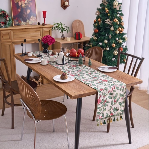 Weihnachten Tischläufer Stechpalmenblätter Beeren Jacquard Stoff Mit Quasten Festliche Feiertag Esszimmer Tisch Dekoration Party Haus Deko