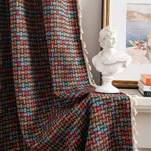 Bohemian Geometric Jacquard Curtains With Tassel Fringe Polyester Cotton Semi Blackout Window Treatment For Living Room Home
