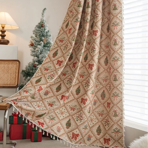 Christmas Jacquard Curtains With Tassels American Vintage Polyester Cotton Gold Thread Bow Tree Pattern Semi-Blackout Window Drapes