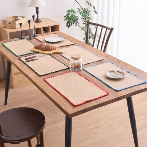 Rustic Natural Jute Placemat With Colorful Scalloped Crochet Border Embroidered Rectangular Dining Table Mat Heat Resistant Burlap Place Mat For Home Wedding Decor