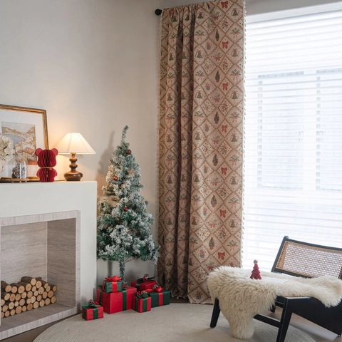 Christmas Jacquard Curtains With Tassels American Vintage Polyester Cotton Gold Thread Bow Tree Pattern Semi-Blackout Window Drapes